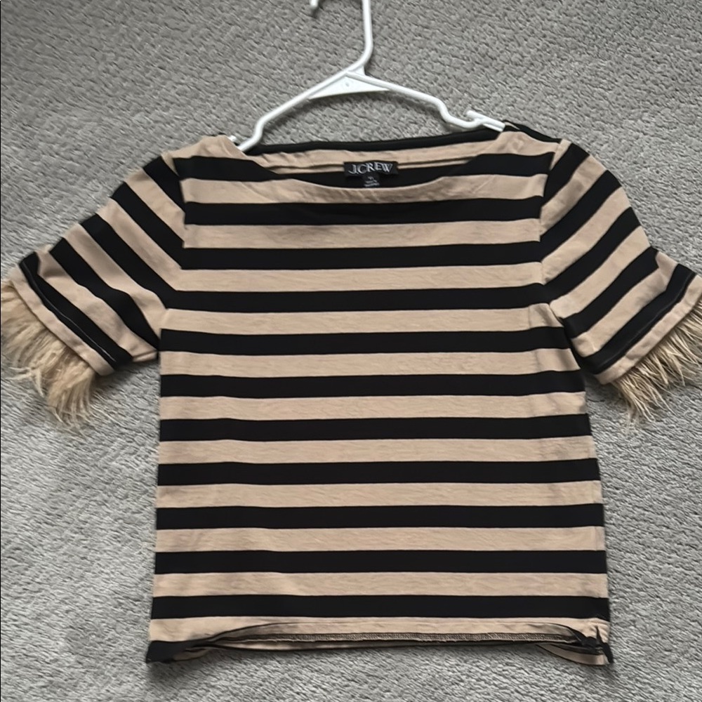 J. Crew Black and Tan Striped Fringe Sleeve Top XS